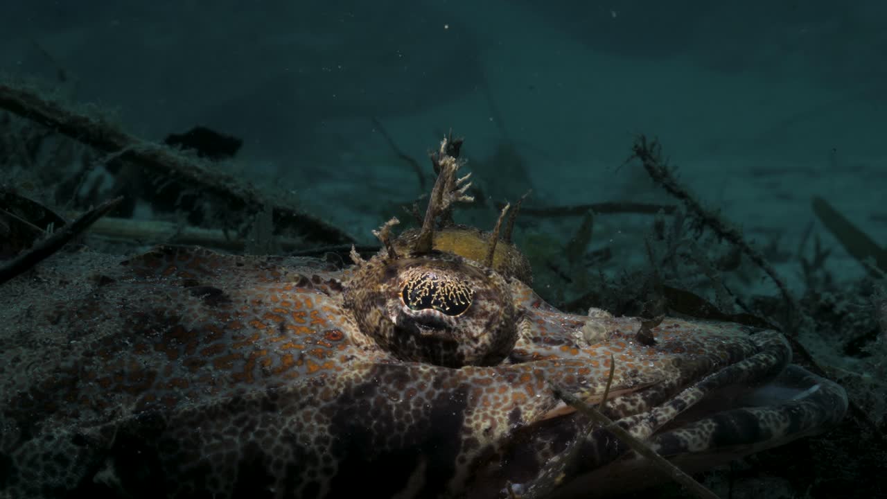 A unique close-up view of a  fringed Eye Crocodile fish lays camouflaged on the ocean floor amongst the leaf litter and debris spotted only by a scuba divers light