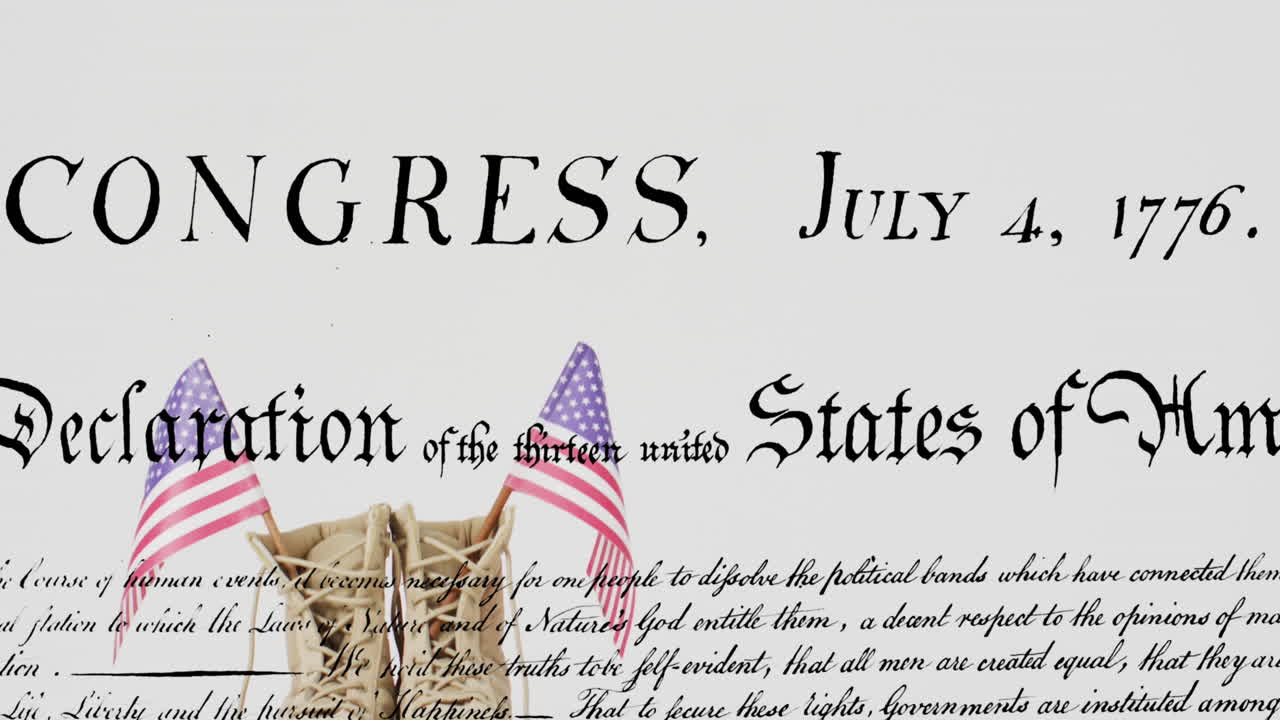 Animation of american declaration of independence text over american flags in army boots