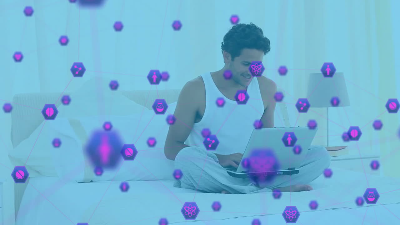 Sitting on bed with laptop, man surrounded by digital data animation
