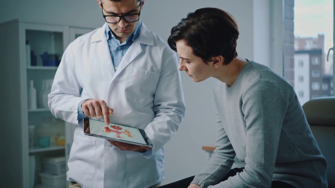 Médico de jaleco branco explicando, apontando para o tablet na sala de consulta, com o paciente inclinado para a frente.