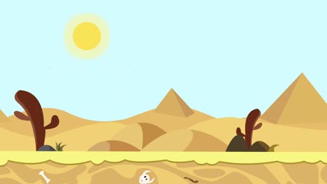 Hermosa-Animación-De-Fondo-De-Una-Ilustración-Soleada-Del-Paisaje-Del-Desierto-Con-Pirámides,-Cactus-Y-Dunas,-Estilo-Plano-De-Dibujos-Animados