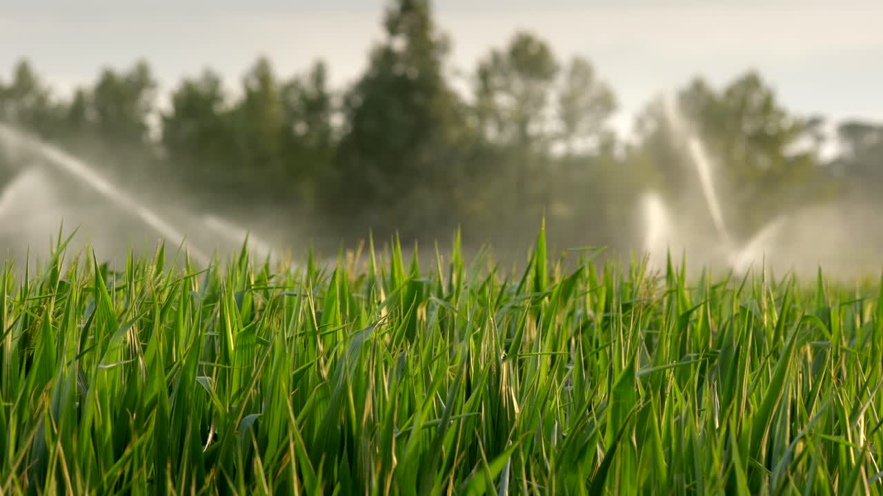 Irrigatori che annaffiano un campo all'alba