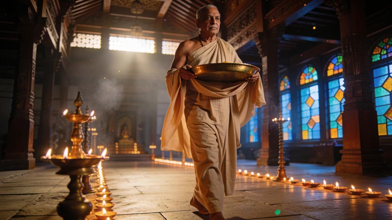 Walking saffron-robed priest carrying brass bowl past oil lamps, incense signaling ritual in temple