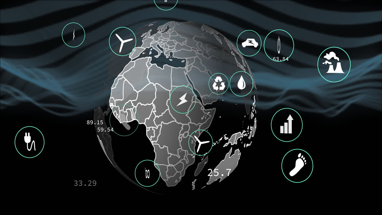 Global energy and environmental data animation over rotating Earth with icons