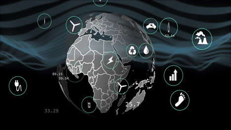 global energy and environmental data animation over rotating earth with icons