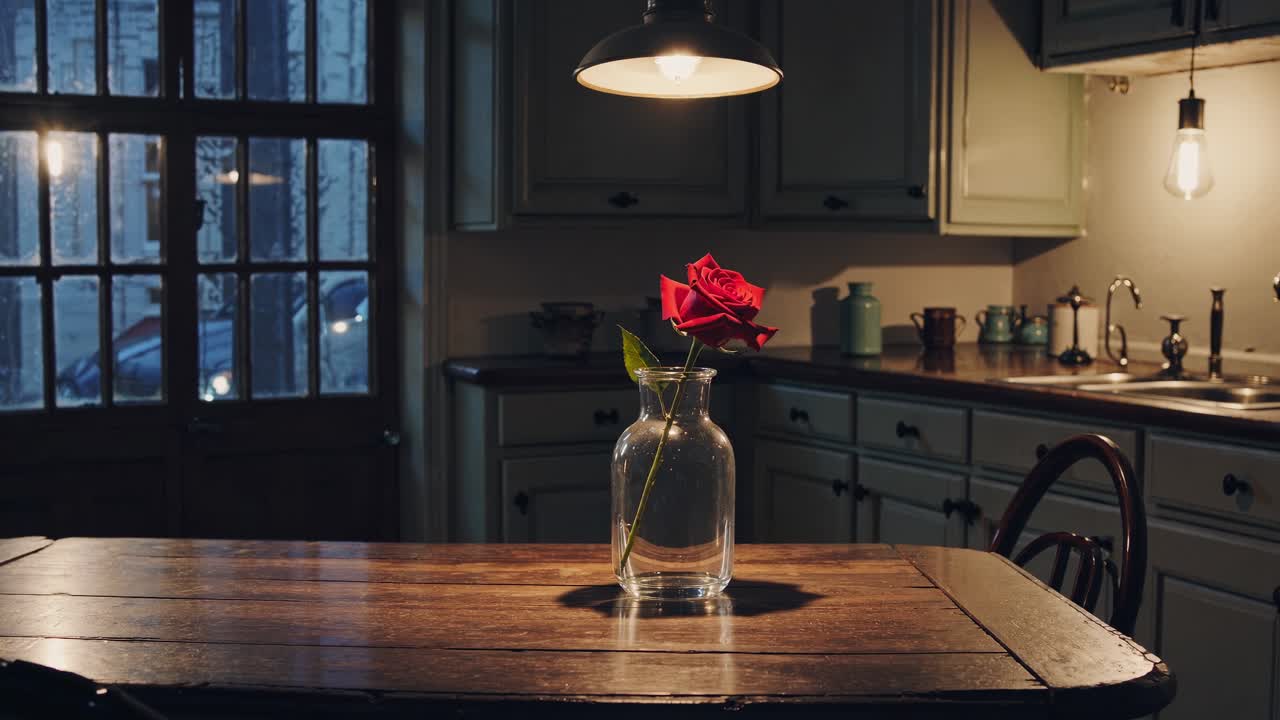 Single red rose in a glass vase sits on a rustic wooden table in a dimly lit, nostalgic kitchen, illuminated by warm overhead lights, creating a cozy and intimate atmosphere