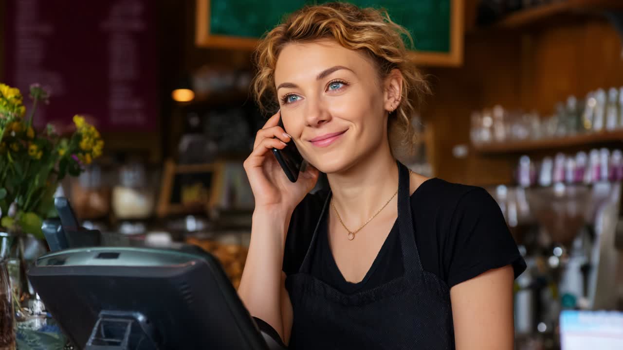 Una giovane donna che lavora in un accogliente bar, impegnata in una telefonata mentre gestisce gli ordini e i clienti, per creare un'atmosfera calorosa e invitante, piena di energia positiva e produttività
