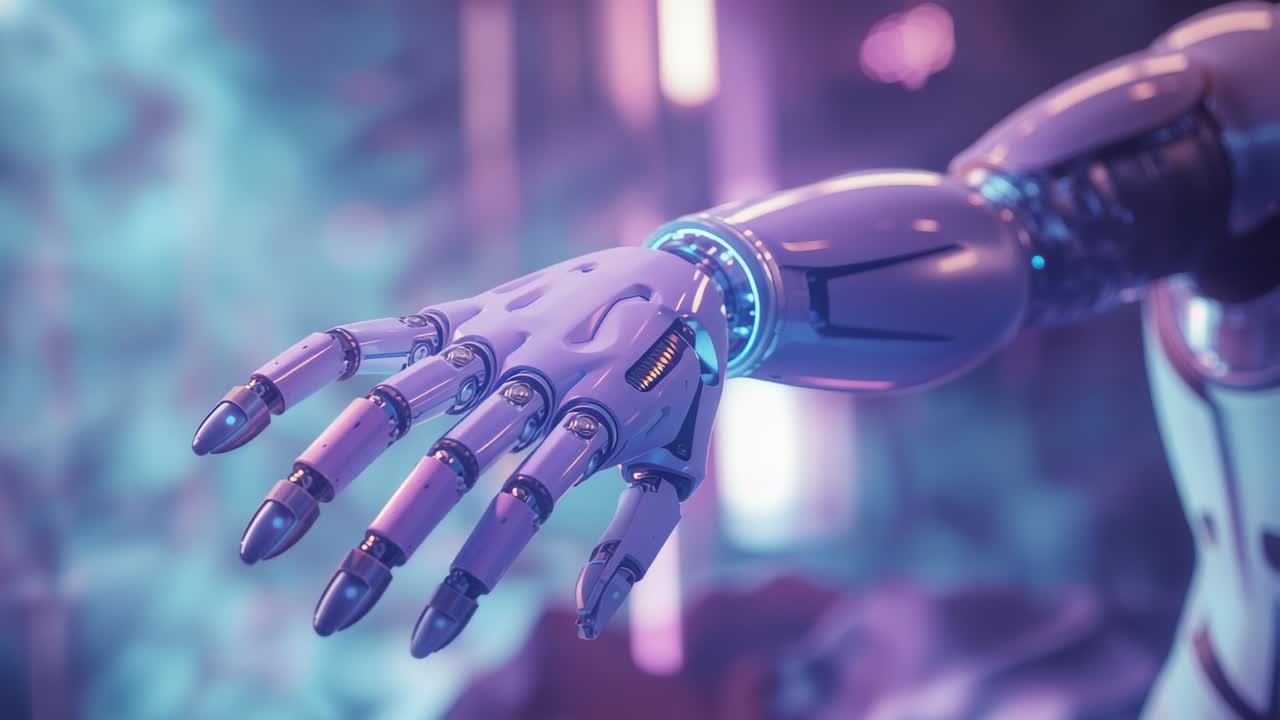 Entering chrome robotic forearm rotating at robotics lab, showing precise finger bend with LED ring