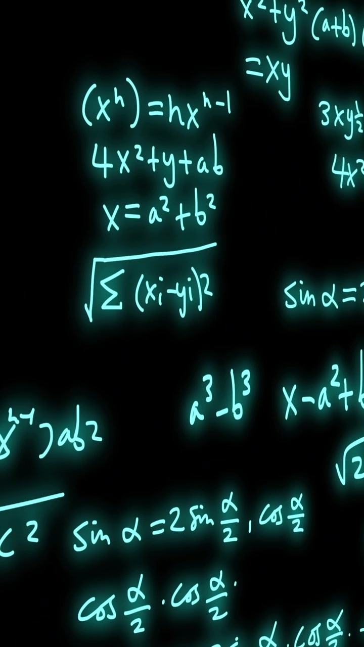 Animation of mathematical formulae and scientific data processing over black background