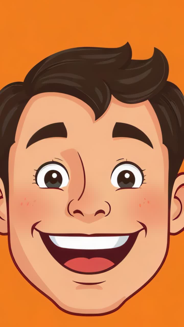 Vertical video: Fading in white star circling cartoon smiling male head on bright orange backdrop