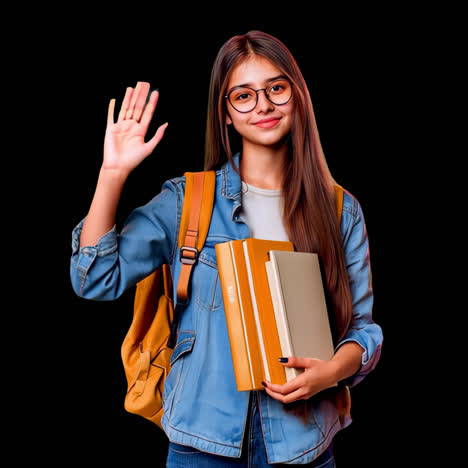 Student waving with books animation isolated asset, transparent 4K video, alpha channel, ProRes 4444