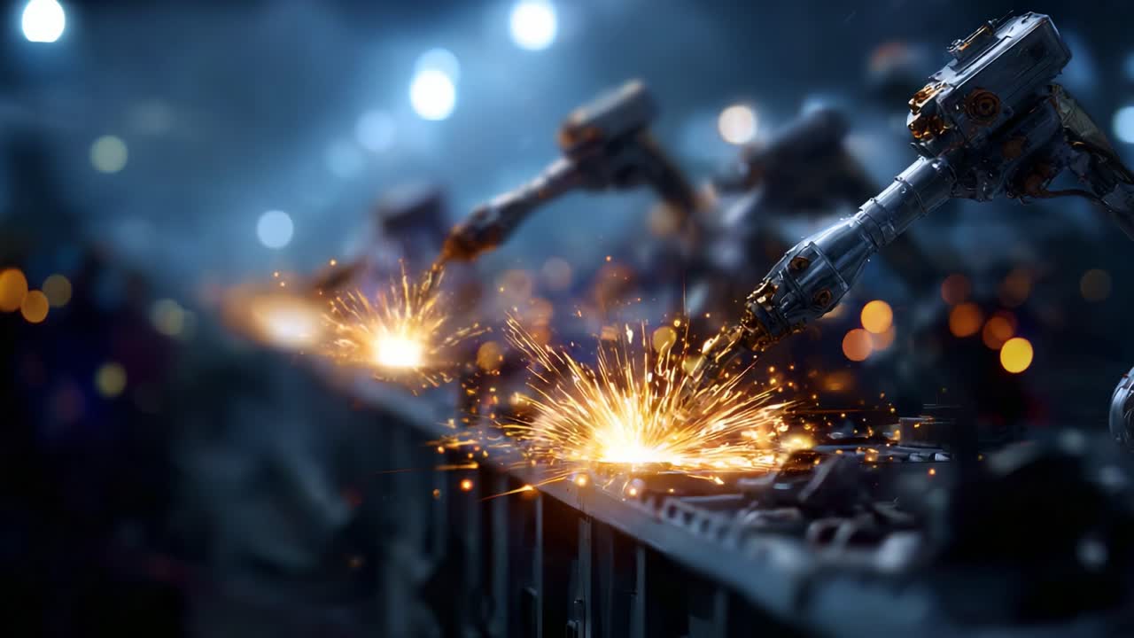 Advanced robotic arms in a dynamic manufacturing environment spark innovation and efficiency with high-precision welding techniques, creating a modern assembly line spectacle