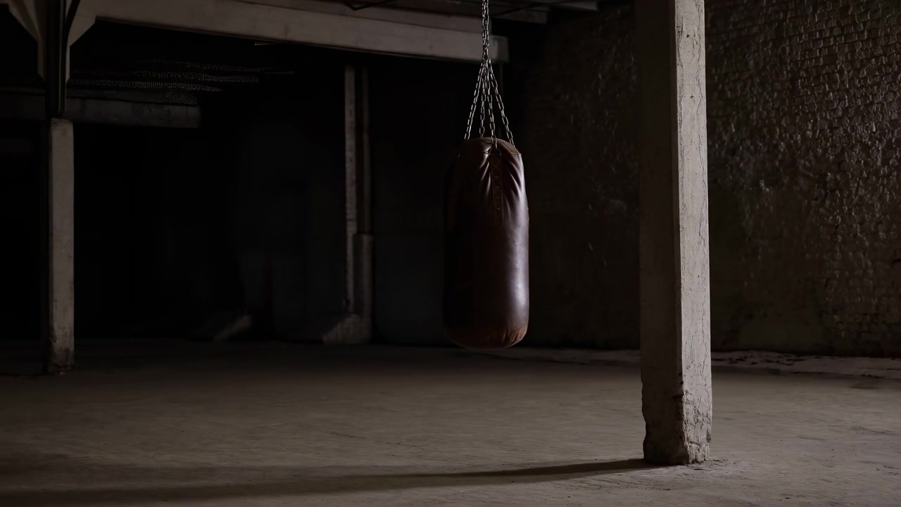 Ein neutraler, leerer Boxring ist in einer Sporthalle mit Holzpfosten und Seilen aufgebaut und schafft eine ruhige und gelassene Umgebung. Diese Szene steht für Fitnessanlagen, Sport und Fitnessstudios.