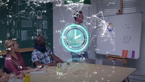 animation of global network and clock on scanner processing data over diverse colleagues at meeting