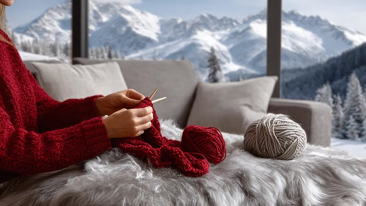 Cozy Winter Knitting by the Fireplace: A Peaceful Retreat Surrounded by Majestic Mountain Views and Soft Textures, Perfect for Crafting and Relaxation