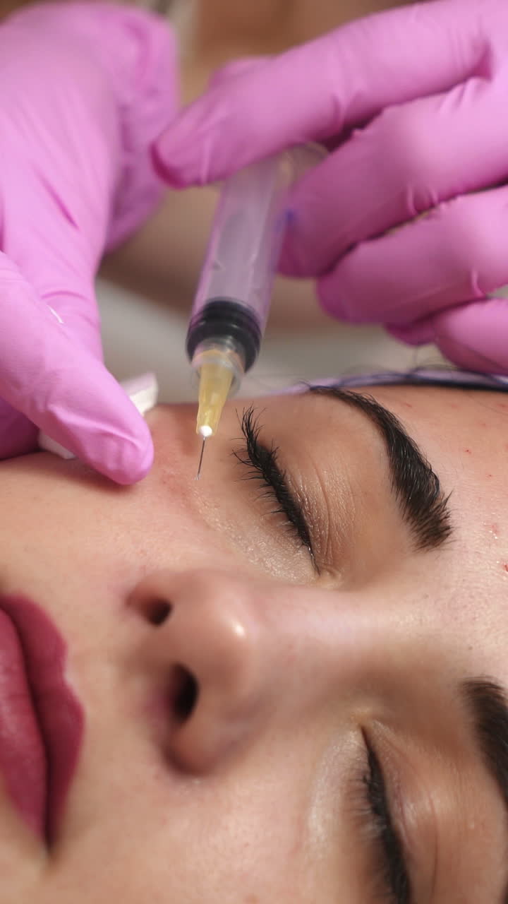 Hands of cosmetologist making injection in face. Aesthetic cosmetology. Vertical video