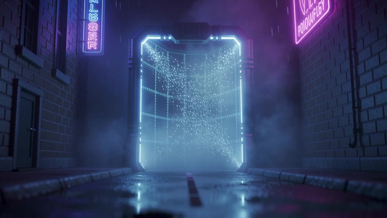 Edge lights rising, rectangular portal powering in narrow alley at night, particles forming inside