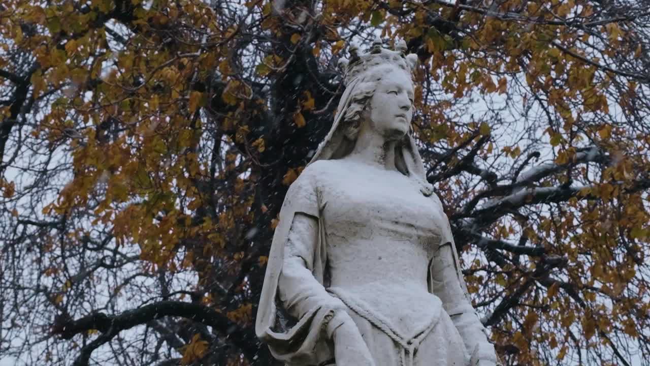 Slow-motion close-Up of Snow Covered Statue in Luxembourg Gardens