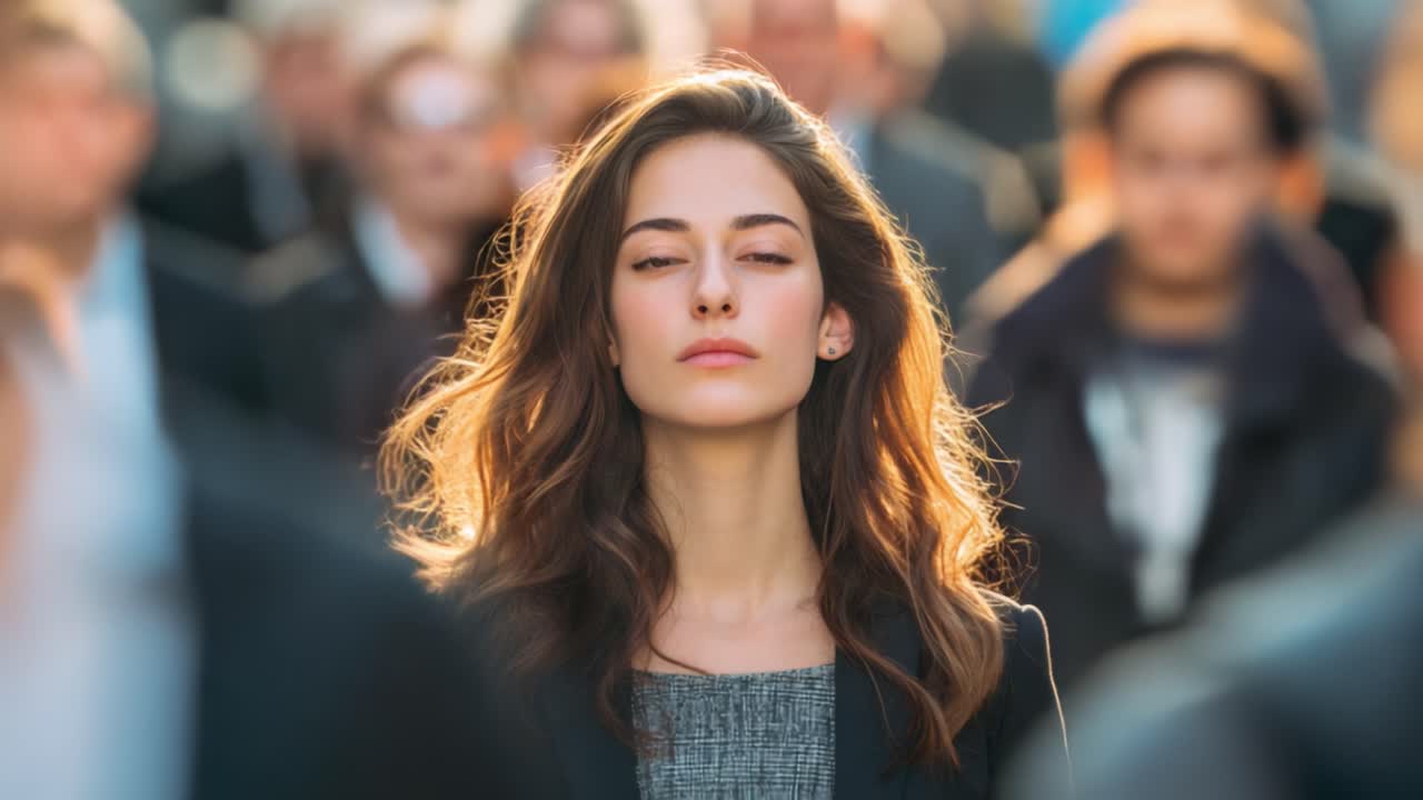 A Woman Stands Out in a Crowded City Street, Exuding Confidence and Calmness Amidst the Chaotic Surroundings of Busy Passersby in a Fast-Paced Urban Environment