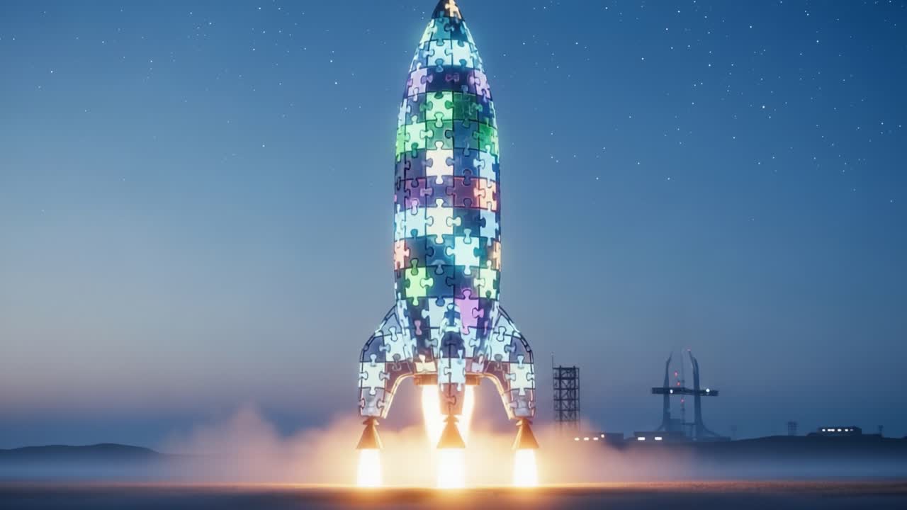 A mesmerizing rocket launches into the night sky, adorned with colorful puzzle pieces, symbolizing creativity and innovation as it embarks on a journey beyond Earth