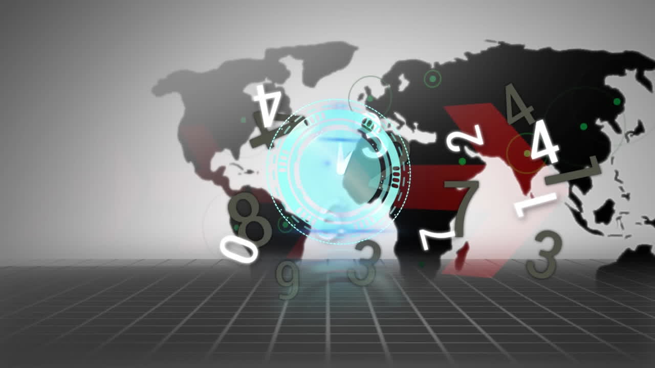 animación del reloj y el cambio de números, sobre flechas rojas y mapa del mundo, en gris