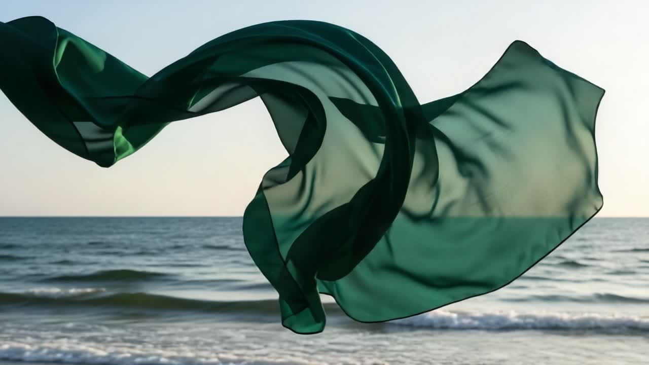 A graceful green fabric billows majestically in the ocean breeze, capturing the essence of fluidity and beauty against the serene backdrop of the calm sea and sky