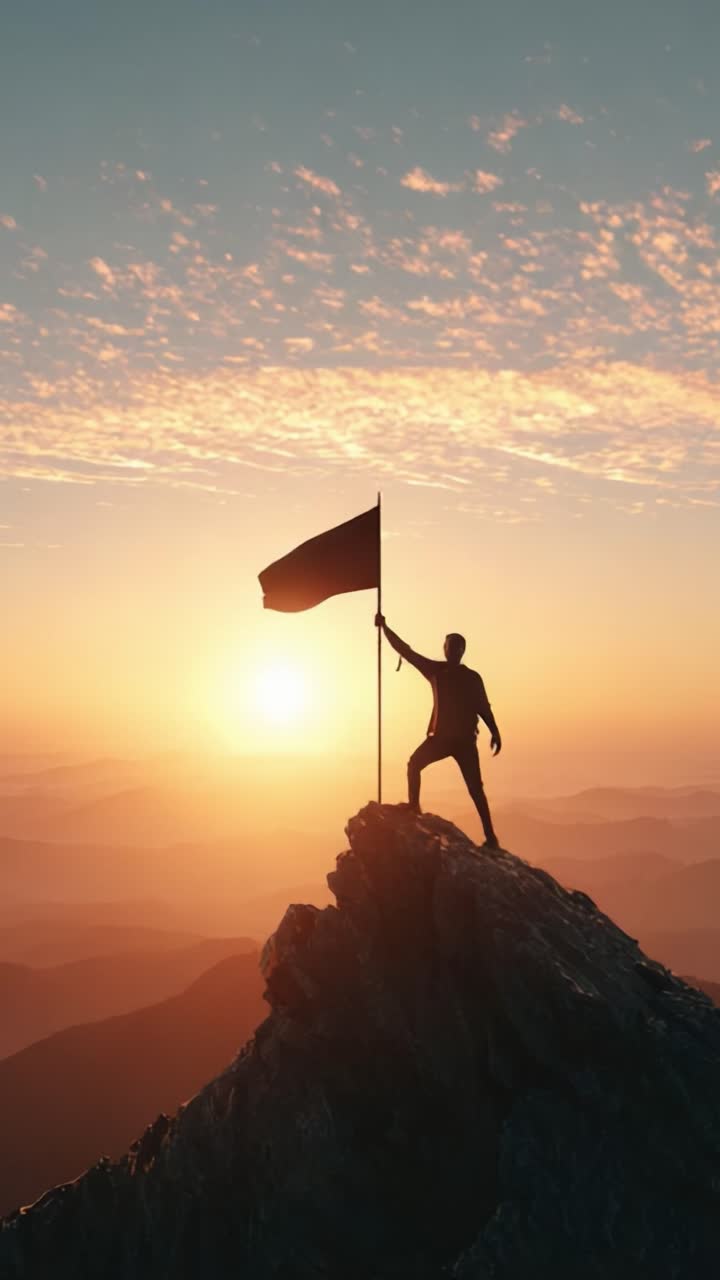 A silhouette of a person standing triumphantly on a mountain peak at sunset, holding a flag high above, symbolizing achievement and determination against a breathtaking backdrop