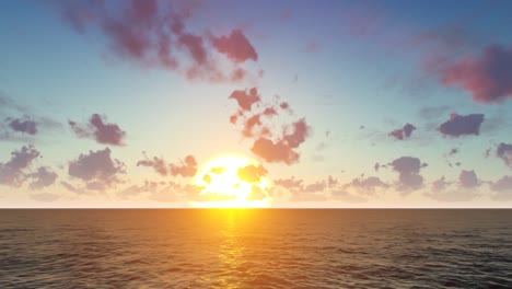 3d photorealistic animation of a natural environment with a sunset on the center of the screen, clouds, blue sky, and ocean waves