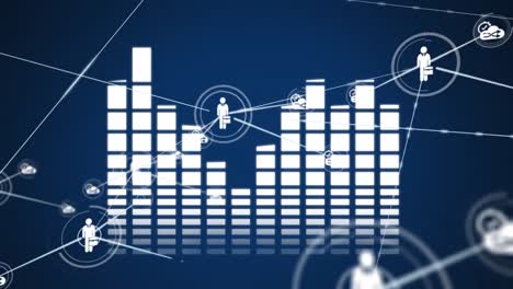 animación de la red de iconos digitales y ecualizador de música contra fondo azul