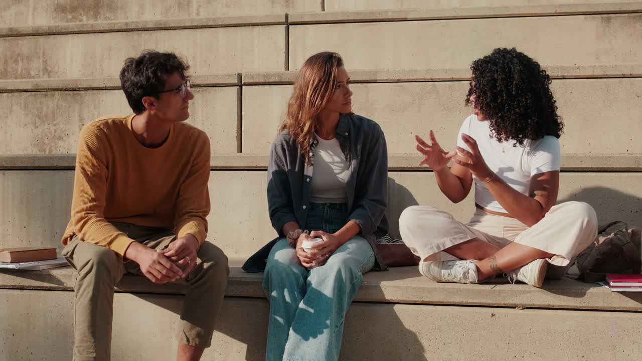 Three diverse young friends talking outdoors