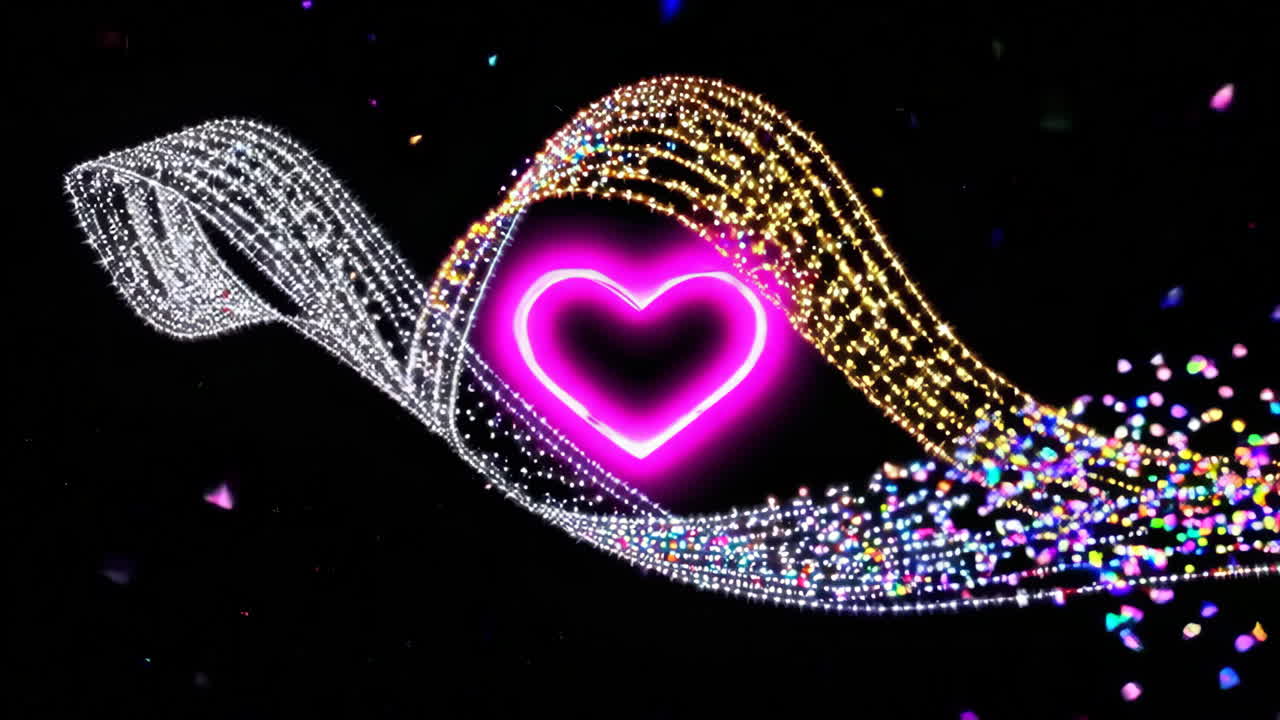 Abstract Glowing Heart with Sparkling Light Trails and Confetti