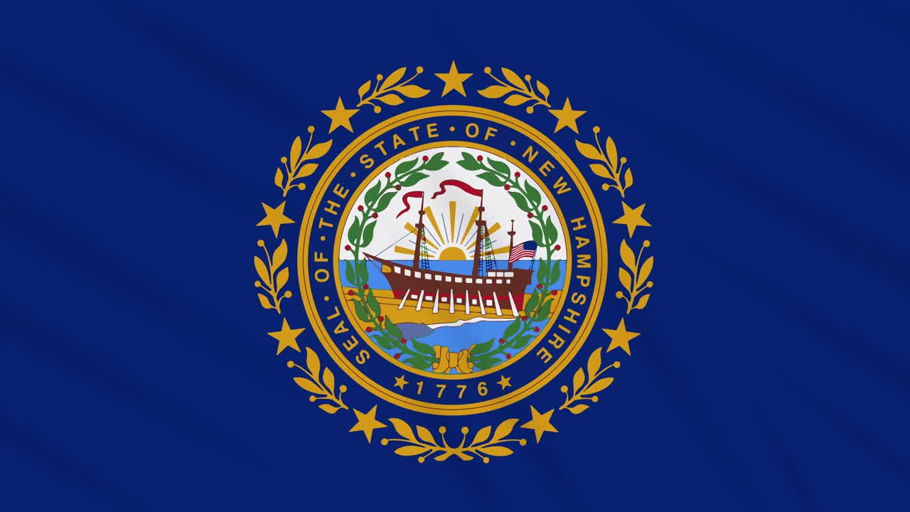 New Hampshire flag flutters in the wind, loop for background