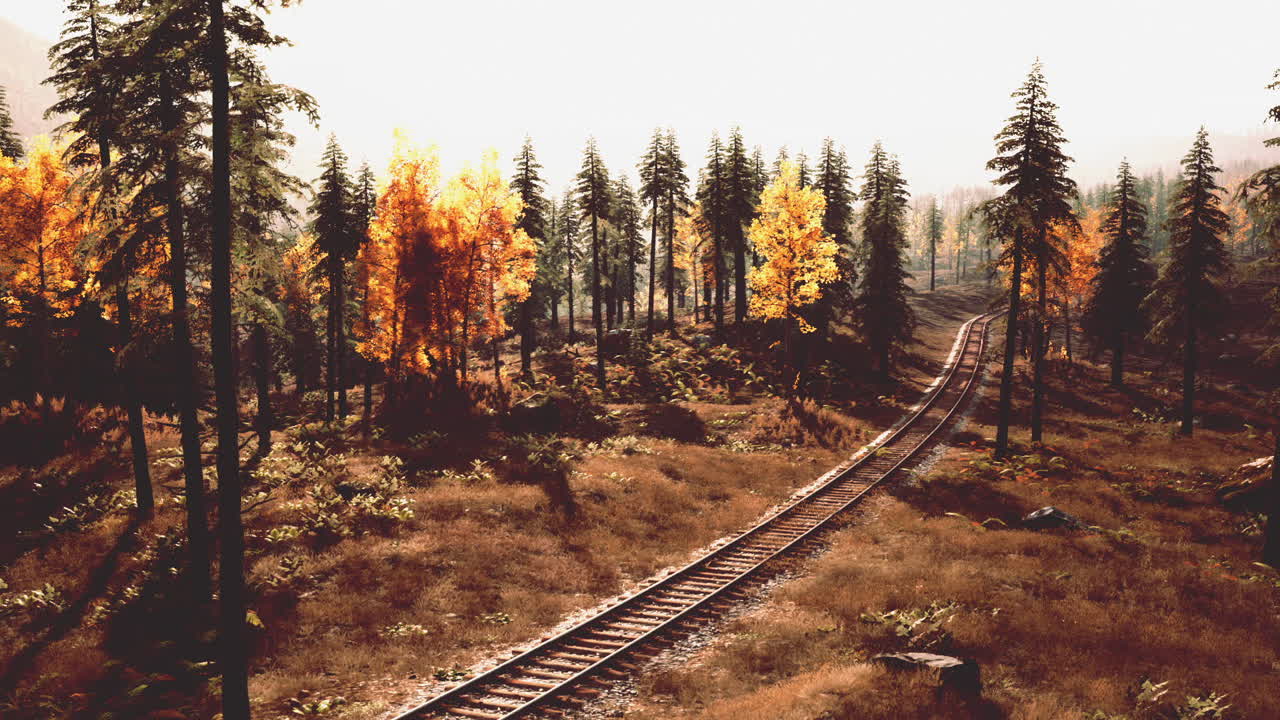 숲을 가로질러 가을 철도 트랙