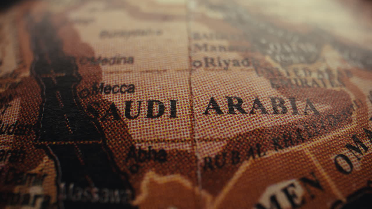 Close-up of a world globe with a focus on Saudi Arabia