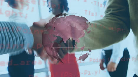 animation of rotating red globe and data processing over diverse business colleagues shaking hands