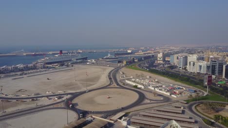 aerial view of a coastal city port and development project