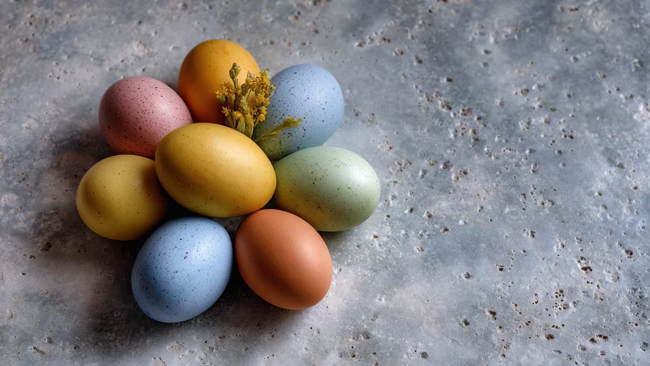 Um Arranjo Vibrante de Ovos de Páscoa Coloridos com Delicados Elementos Florais num Fundo Texturizado, Celebrando a Primavera e a Renovação numa Exibição Harmoniosa.