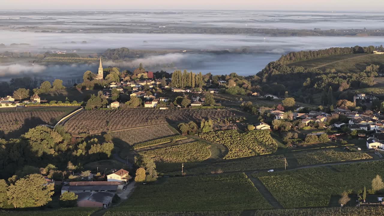 Beautiful sunrise over rolling hills and valleys with fog in the morning light, Sainte-Croix-du-Mont, Bordeaux Vineyard