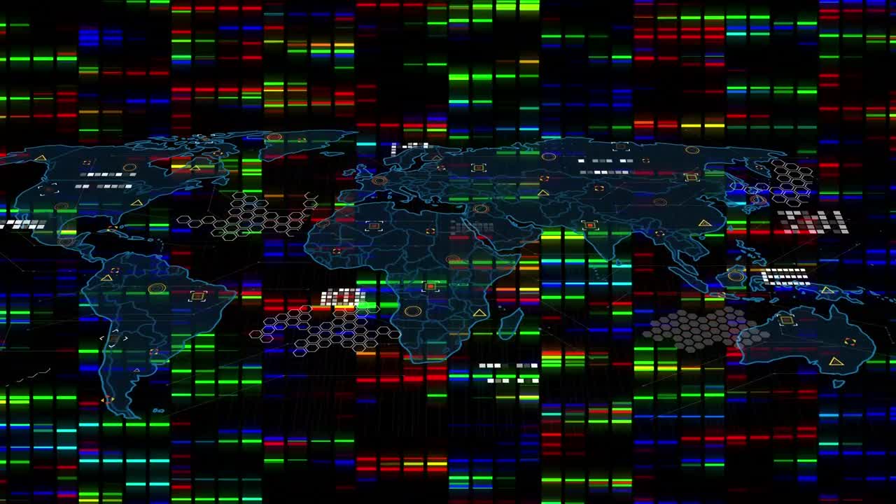 animación digital del mapa del mundo y procesamiento de datos sobre cuadrados de mosaico contra un fondo negro