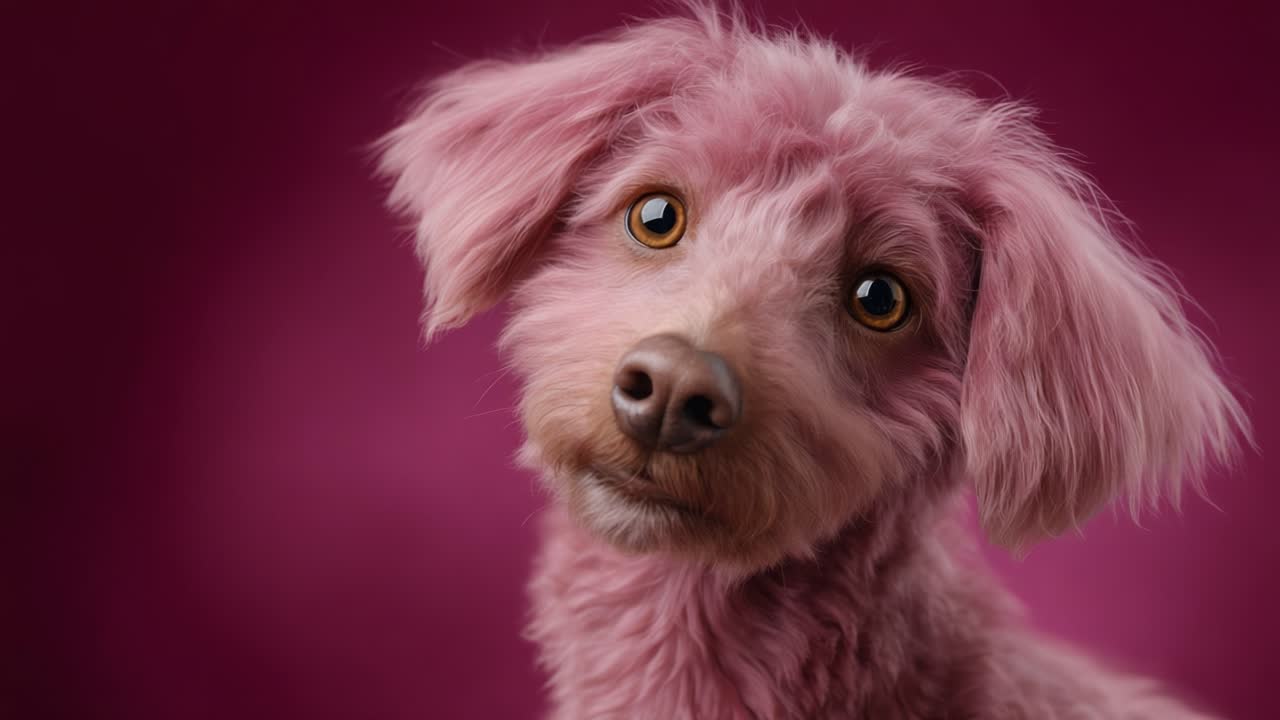Yumuşak Mor Bir Arka Planda, Sevimli İfadesini ve Eşsiz Görünümünü Sergileyen, Kabarık Tüylü, Fotoğraf Makinesi İçin Poz Veren Sevimli Pembe Köpek