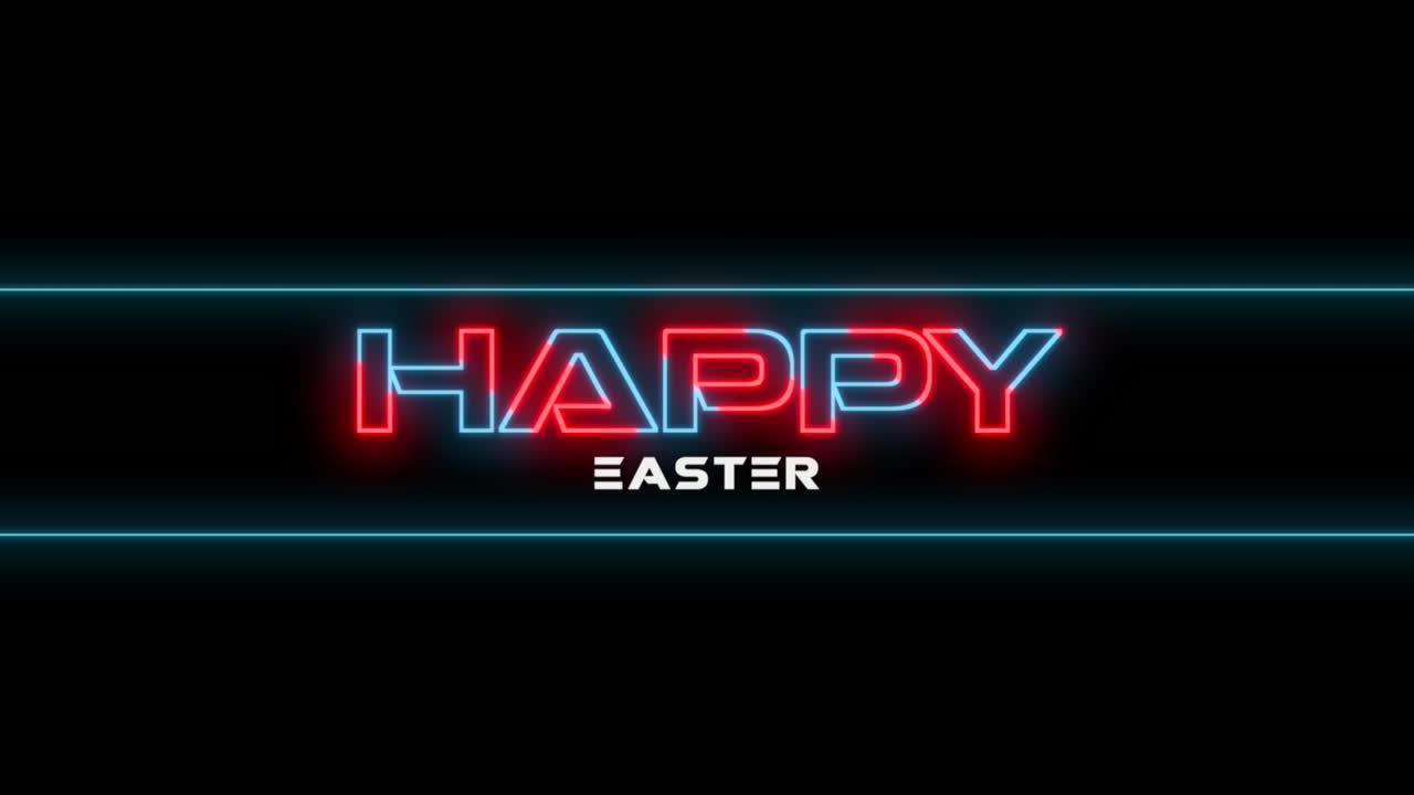 Insegna al neon luminosa che celebra la Pasqua con lettere rosse e blu vivaci