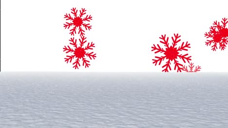 Snow-and-red-multiple-snowflakes-icons-falling-over-winter-landscape-against-white-background