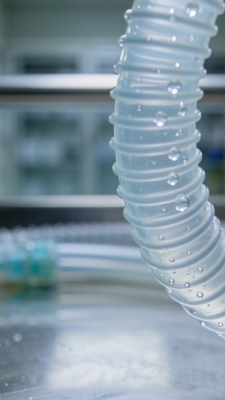 Vertical video: Pulling camera moving ribbed tube into frame on tray in lab, showing water droplets
