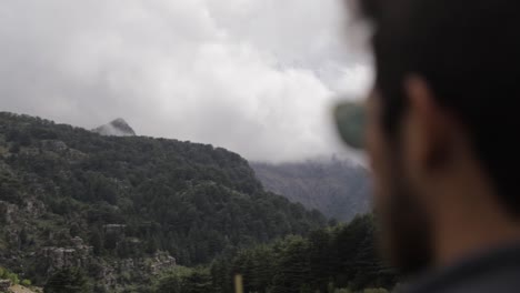 Primer-Plano-Borroso-Del-Hombre-Mirando-El-Bosque-De-Cedros-En-Tannourine,-Líbano