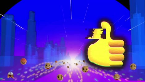 icono de pulgar hacia arriba sobre múltiples emojis y senderos de luz y modelo de ciudad 3d sobre fondo azul