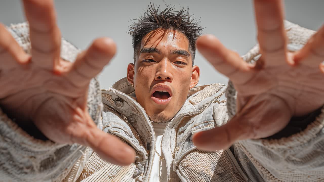 Young man reaching out with hands in slow motion montage