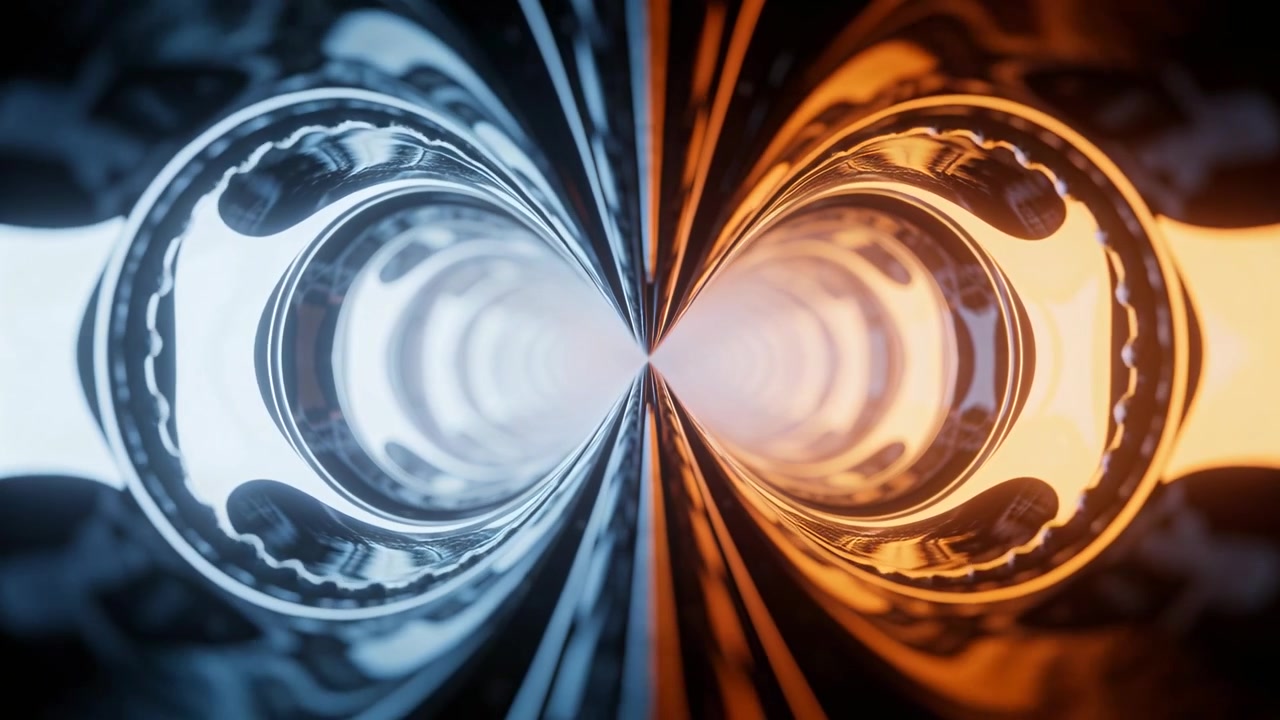 Camera pushing mirror rings inward in blue-orange tunnel, particles clustering to vanishing point