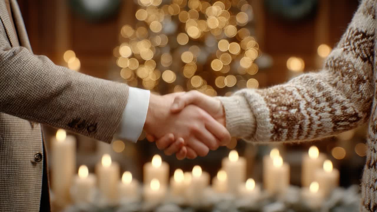 A Warm Exchange: Two People Shaking Hands Amidst a Cozy Ambiance, Surrounded by Flickering Candles and a Beautifully Decorated Christmas Tree in the Background