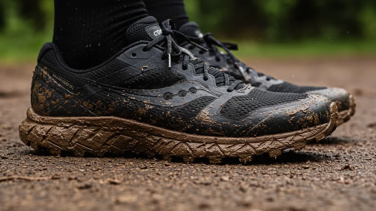 A Close-Up View of Mud-Covered Trail Running Shoes, Highlighting Durability and Performance After Intense Outdoor Activities on Rough Terrain