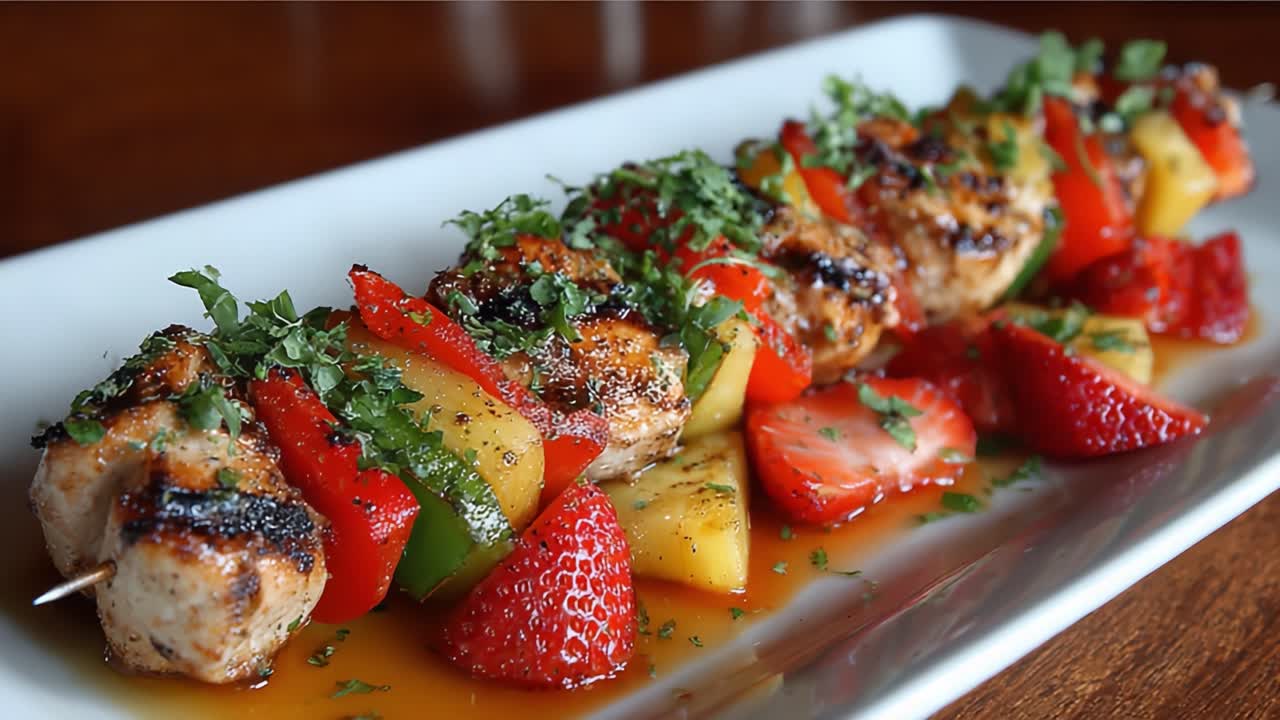 Gegrillte Spieße mit mariniertem Hähnchen und frischen Früchten: Eine farbenfrohe Geschmackssymphonie mit Paprika, Erdbeeren und Ananas, perfekt für das Essen im Freien.